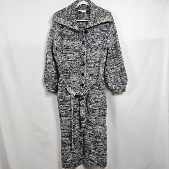 Frame Belted Melange Wool Blend Belted Cardigan in Navy and Light Gray Size S - Picture 1 of 14